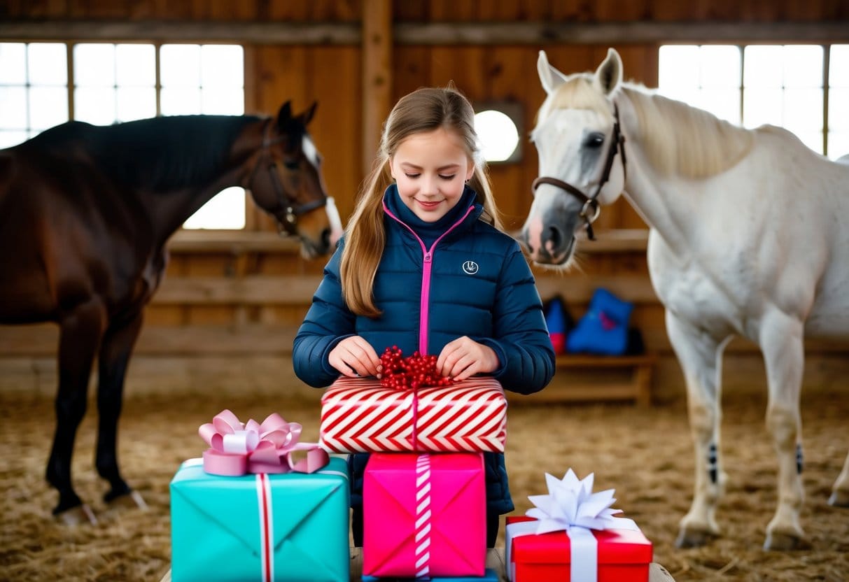 Young girl in cozy winter barn surrounded by horses unwrapping gifts of riding gear and equestrian accessories